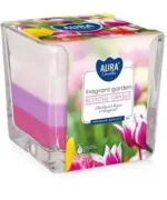 Świeca zapachowa Aura Fragrant-Garden 170 g w kwadratowym szkle, kolorowa trójbarwna zalewa, zapach ogrodu, czas palenia do 32 godzin