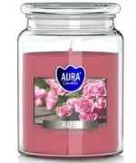Świeca zapachowa Aura Rose 500 g w szklanym słoiku z wieczkiem, aromat różany, czas palenia do 100 godzin